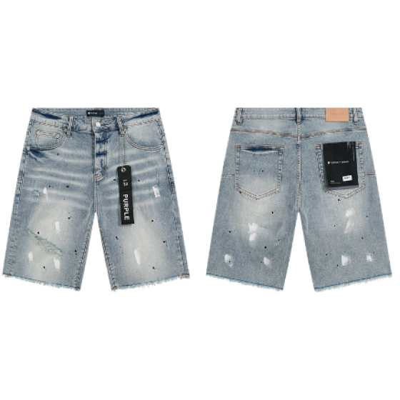 Light Blue Washed Denim Shorts with Paint Splatter and Raw Hem